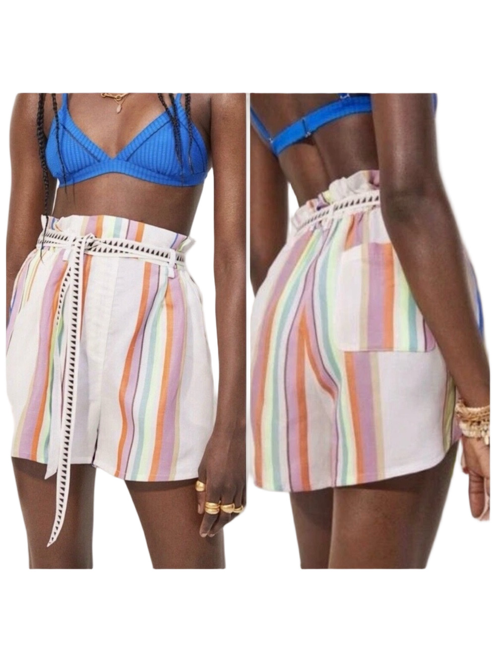 🎩Lemlem X H&M Striped Paperbag Waist  Shorts in Pastel Multi size M NWOT